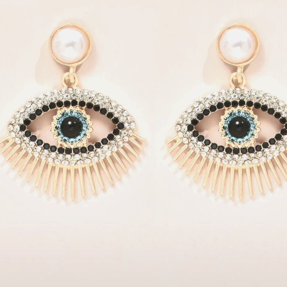Evil Eye Goldtone Black Rhinestone Pearl Earrings